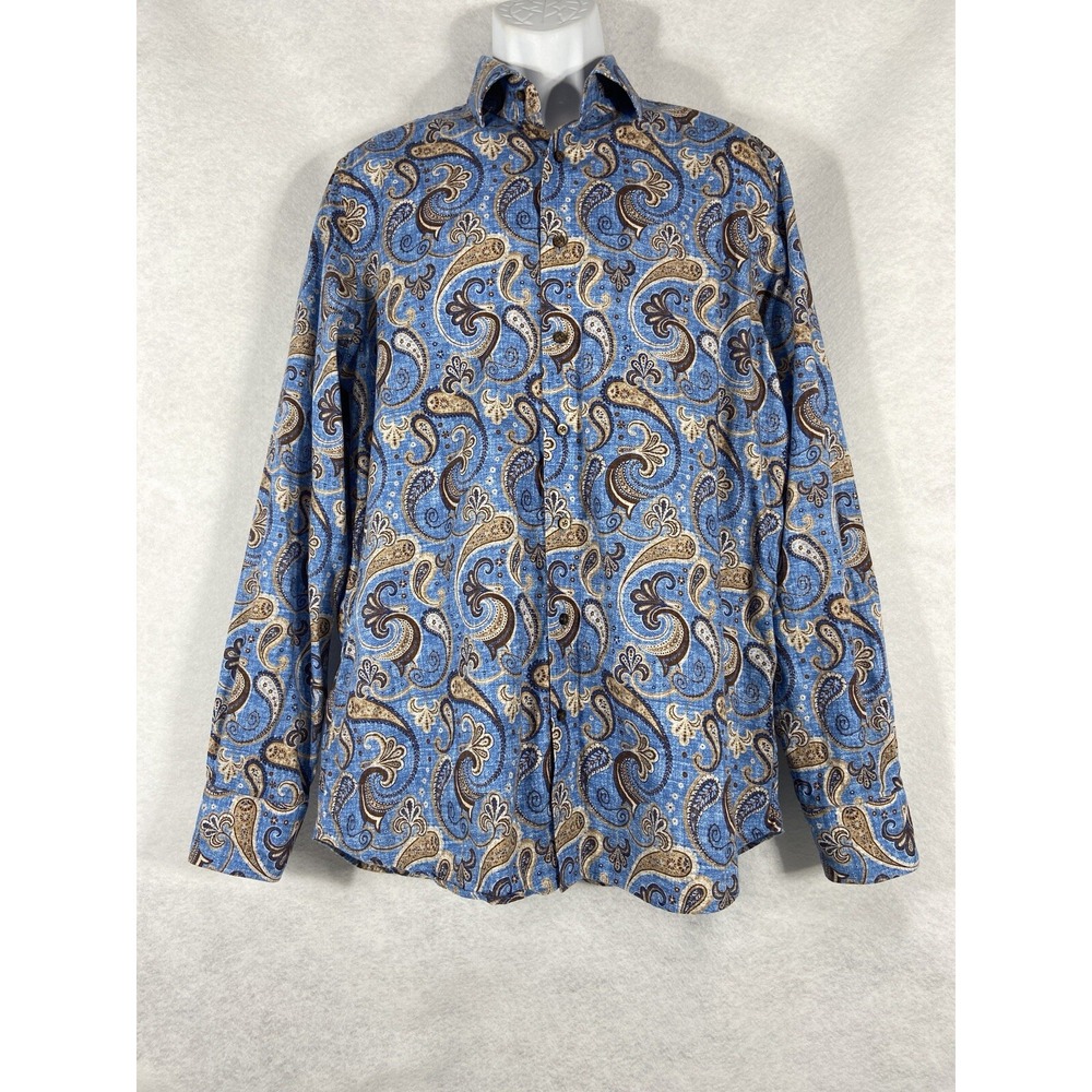 Emanuel Berg Shirt Men's Large Blue Brown Button Up Long Sleeves Paisley